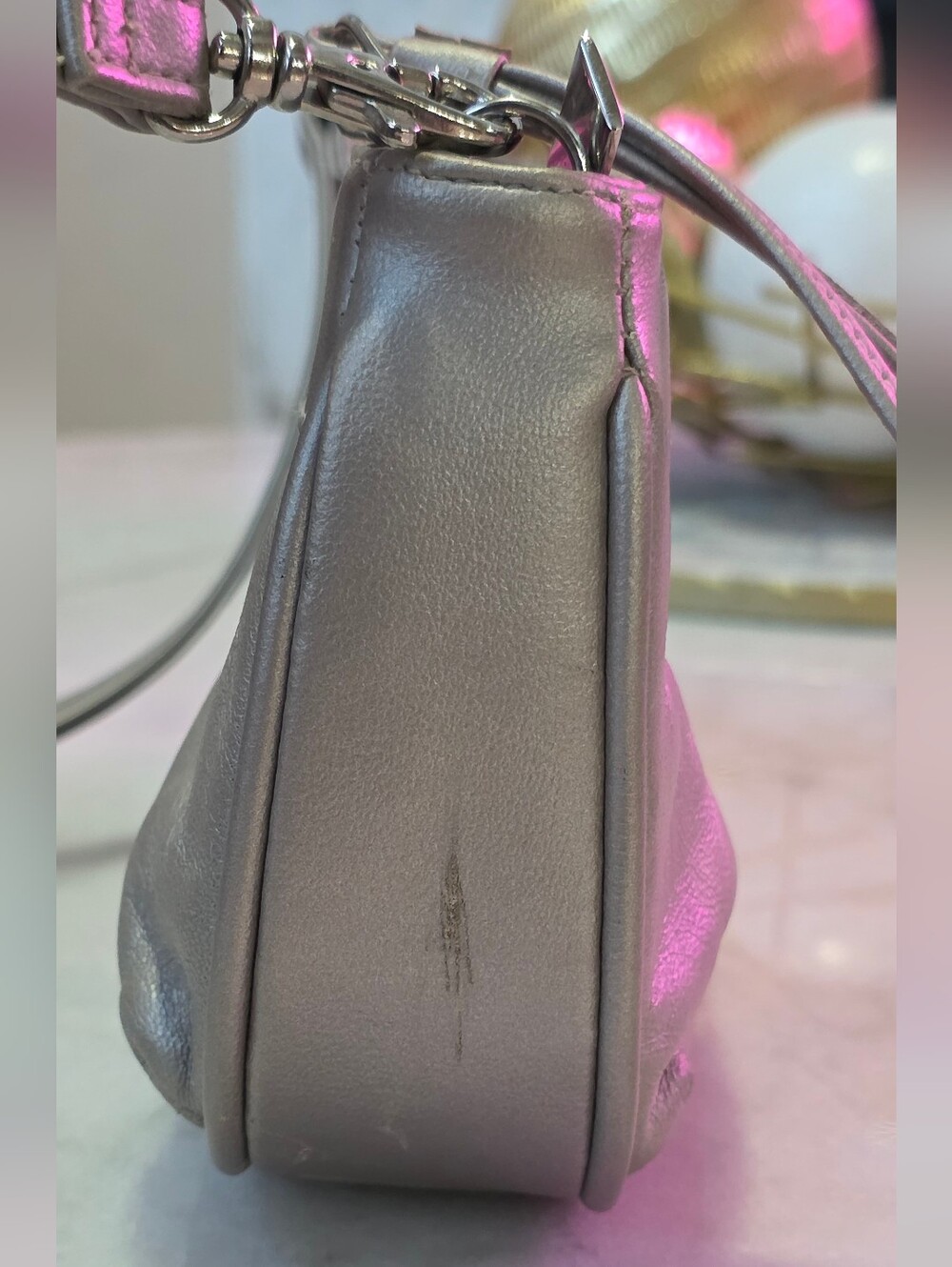 Worthington Pewter Metallic Leather Shoulder Bag with Pink Trim - Picture 6 of 14